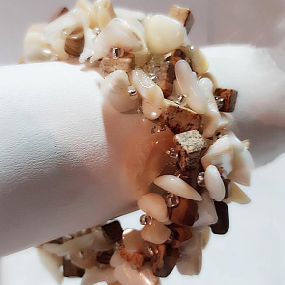 Elastic Bracelet (br10) Handmade Natural Beige Brown Mother of Pearl Shell 7"-8" - Picture 7 of 9